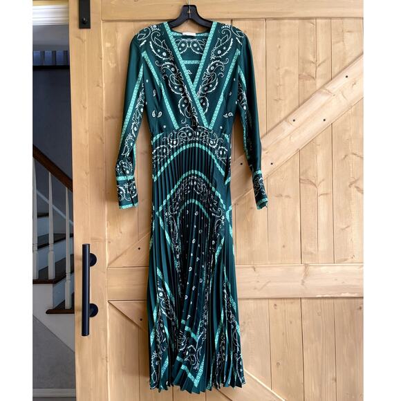 Sandro Dresses & Skirts - Sandro V Neck Long Sleeve Paisley Print Pleated Midi Dress Green Pattern Small